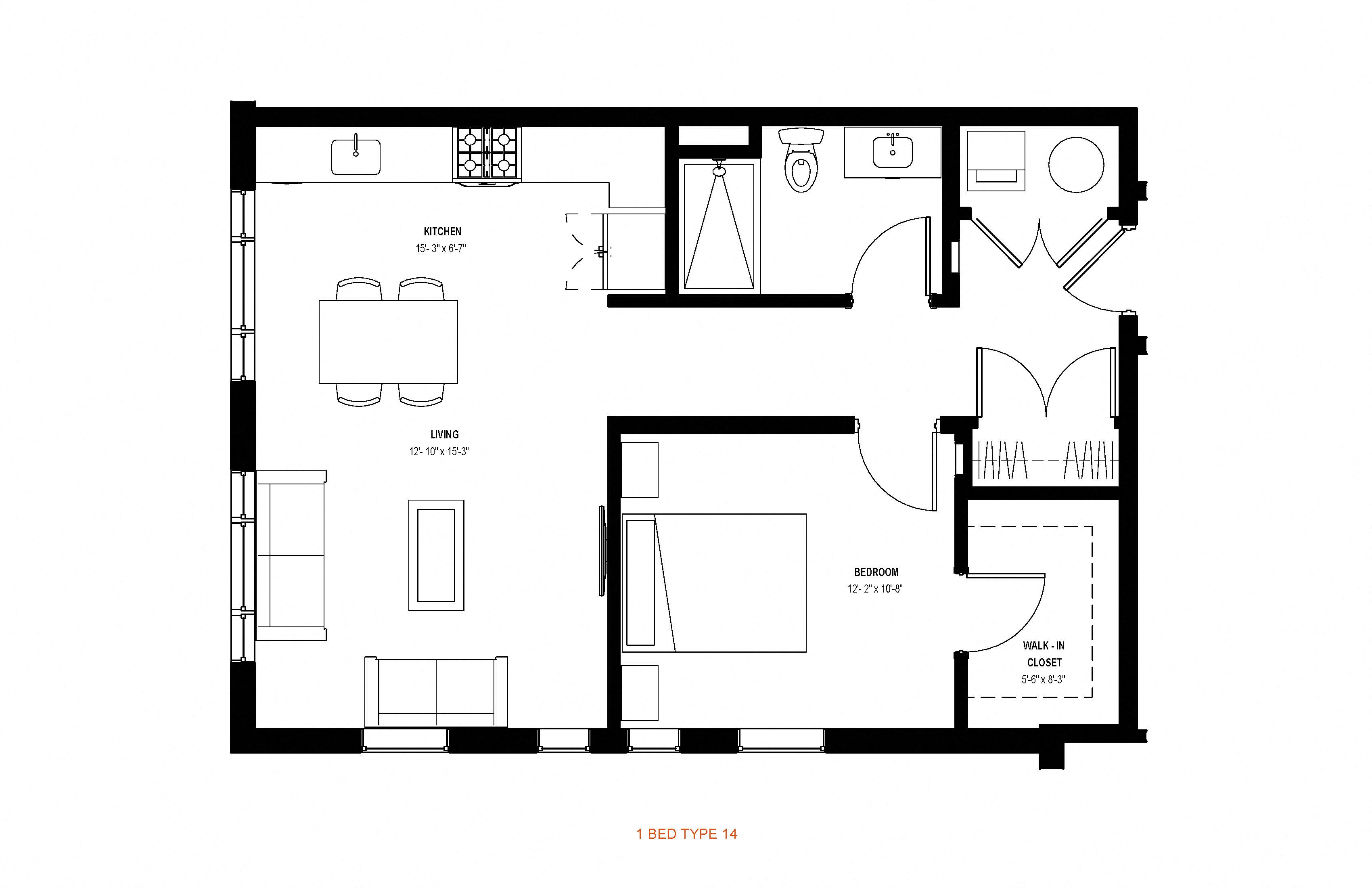 Floor plan for 1 bed, 1 bath, 746 sqft